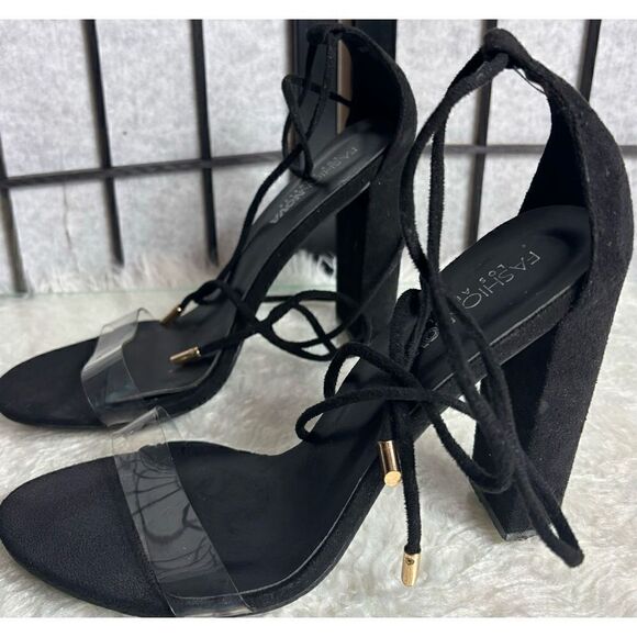 Fashion Nova Black Lace Up Open Toe Heels - Picture 2 of 6